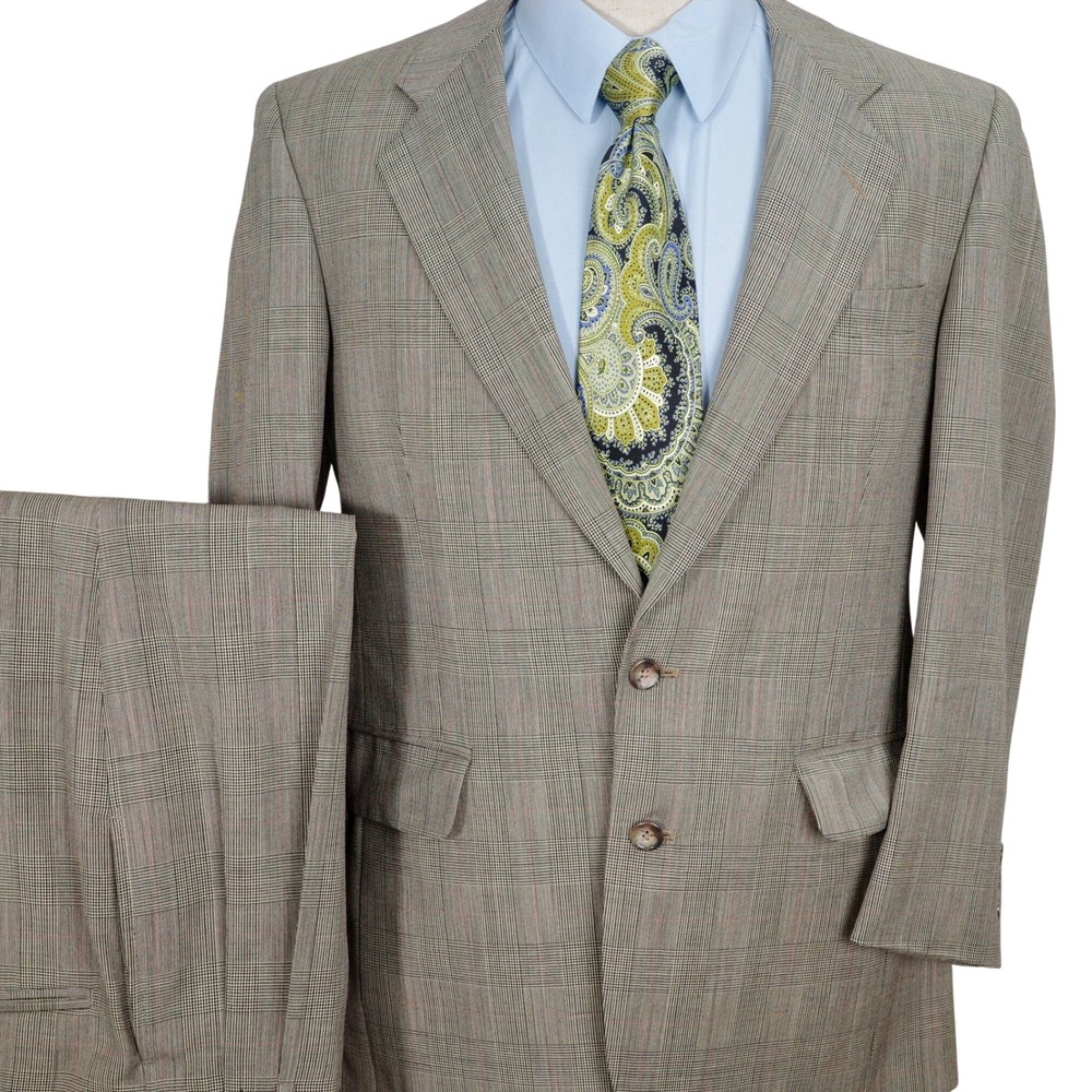 Jos A Bank Executive Suit Men 40R 31W 31L Black Red Houndstooth Plaid Classic